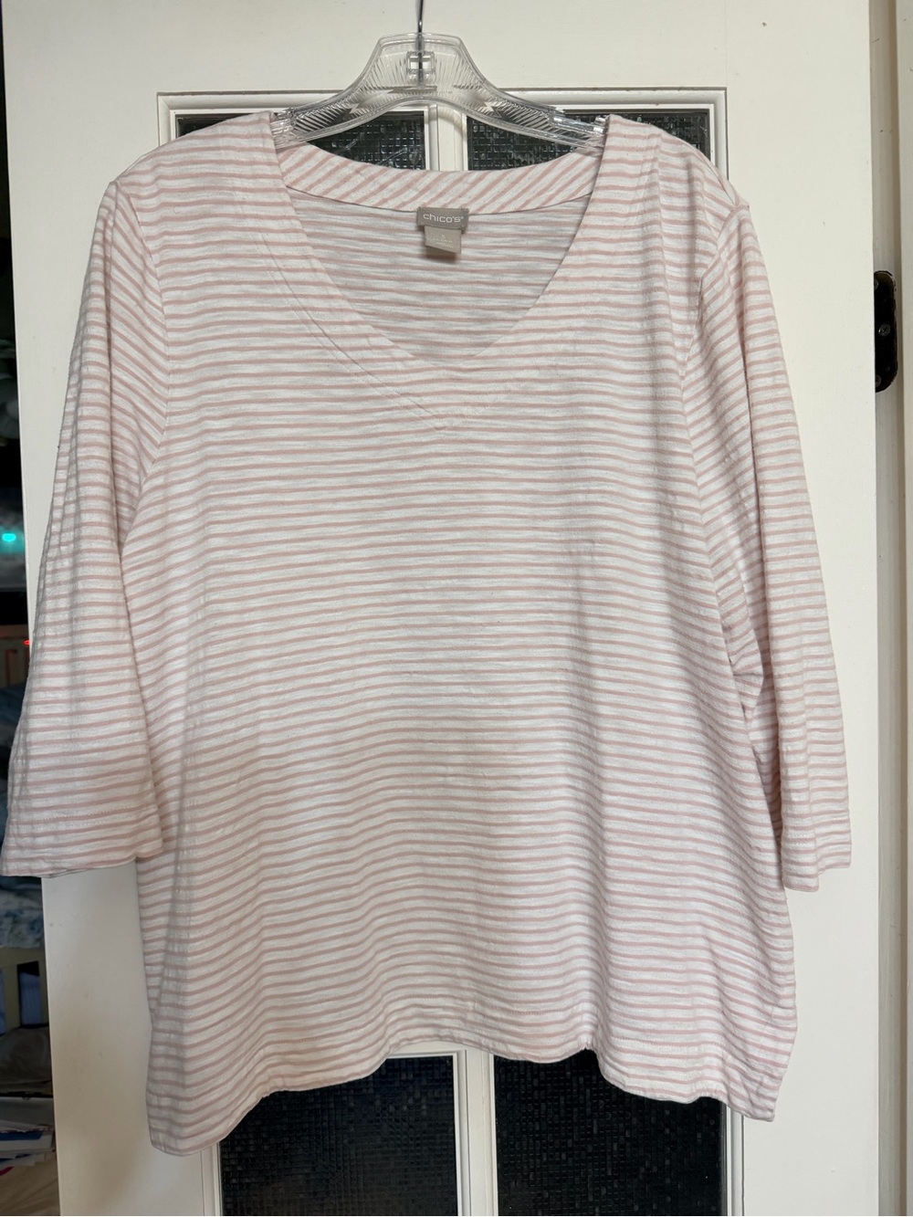Chico's Light Pink & White Striped V-Neck Long Sleeve Top